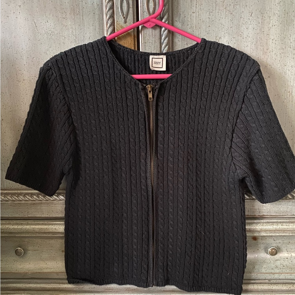 Black cotton, short sleeve, zip front cable-knit sweater